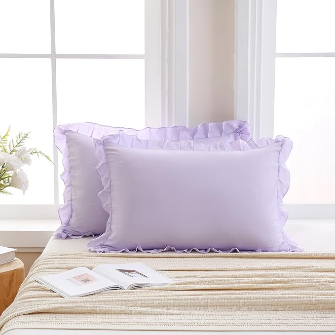 Merryword Lilac Purple Pillowcases King Size Ruffled Pillow Shams Set of 2 Cute Pillowcases Light Purple Shabby Chic Pillow Cover 2 Pack