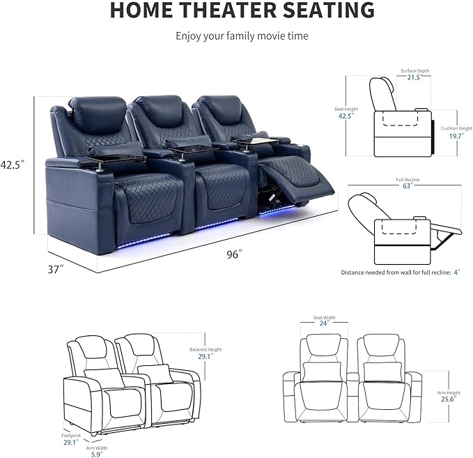 Home Theater Seating Seats, Theater Recliner Chair Sofa Game Movie Theater Chairs with 7 Colors Ambient Lighting, Lumbar Pillow, Side Pocket, Tray Table, Power Recline,Blue