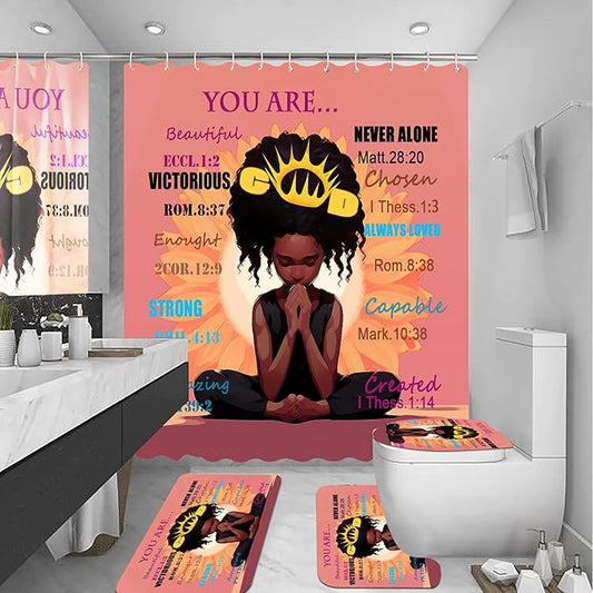4PCS Black Praying Girl Shower Curtain Set, Cute African American Girl Shower Curtains with Hooks and Bath Mat Sets, Inspirational Quote Romantic Sunflower Halloween Bathroom Decor Sets