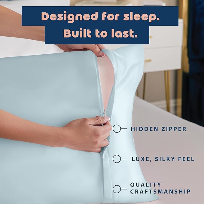 Satin Pillowcase with Zipper, for Hair and Skin Care, Feels Soft and Cool Like a Silk Pillowcase, Satin Pillow Cases 2 Pack, Slik Pillow Cover, Baby Blue - Queen Size, Set of 2