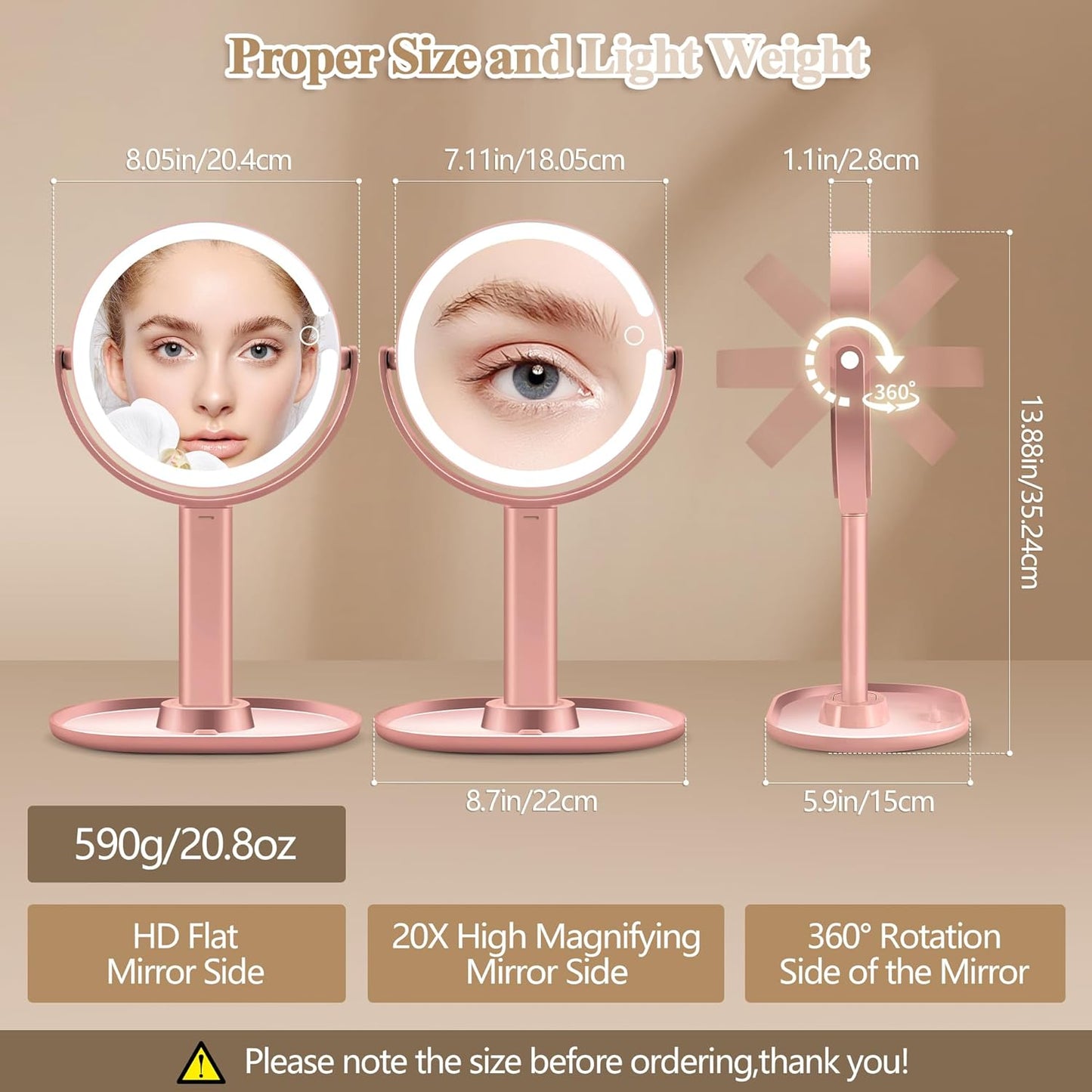 Makeup Mirror with Lights, Double Sided 1x/20x Magnifying Mirror with Light, Rechargeable 3 Color Lights Adjustable Brightness, 360° Rotation Detachable Comes with Tweezer (Rose-Gold)
