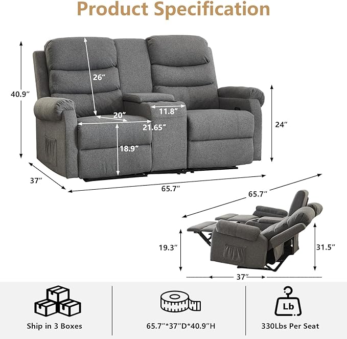 Loveseat Reclining Sofa, Home Theater Seating with Center Console, RV Recliner Sofa with Cup Holders and Pockets, Manual Double Seater Recliner for Living Room, Motor Home (Linen Grey)