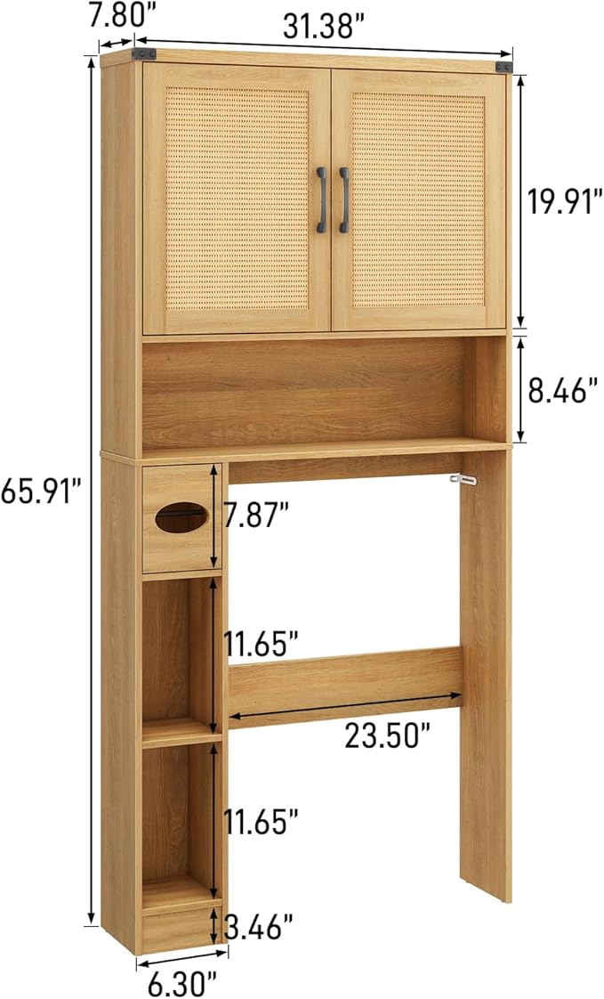 Over The Toilet Storage Cabinet, Farmhouse Rattan Storage Cabinet Over Toilet with 2 Rattan Barn Doors & Home Space-Saving Toilet Rack, for Bathroom, Restroom, Laundry