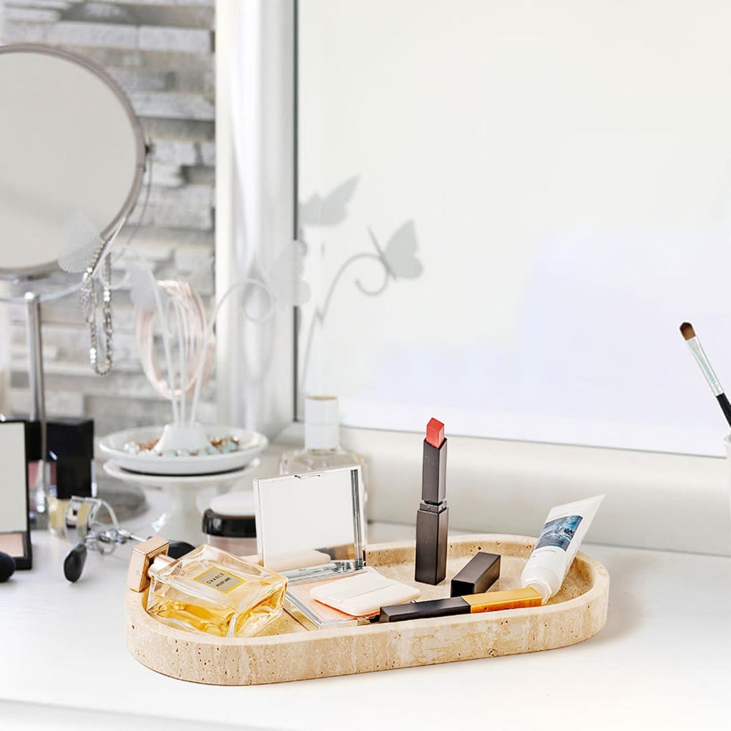 WORHE Marble Vanity Tray 11.8" x 5" Italy Natural Travertine Stone Decorative Trays for Jewelry Candles Perfume, Countertop Storage Organizer for Bathroom Dresser Kitchen Home Decor Beige (WH033)