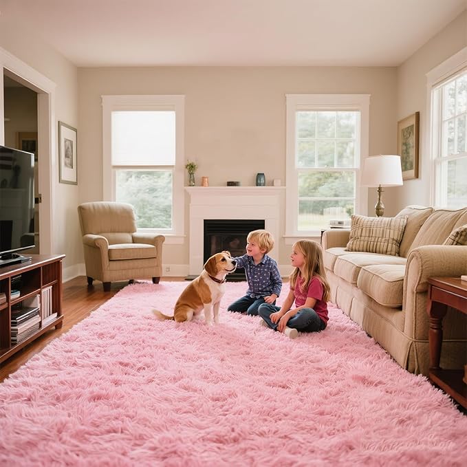 Pink Area Rugs for Girls Bedroom, 9x12 Fluffy Fuzzy Shaggy Carpet for Kids Playroom Nursery Living Room, Thick Soft Plush Mat for Kids Baby Boys Teen Dorm Home Decor Aesthetic