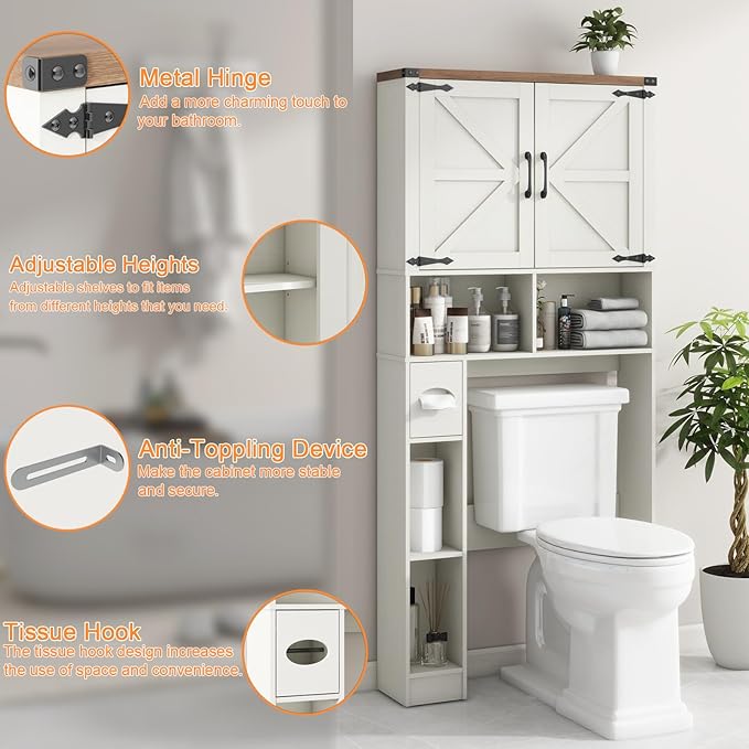 Over The Toilet Storage Cabinet, Farmhouse Storage Cabinet Over Toilet with 2 Barn Doors && Toilet Paper Holder Stand，Home Space-Saving Toilet Rack, for Laundry, Restroom, Bathroom