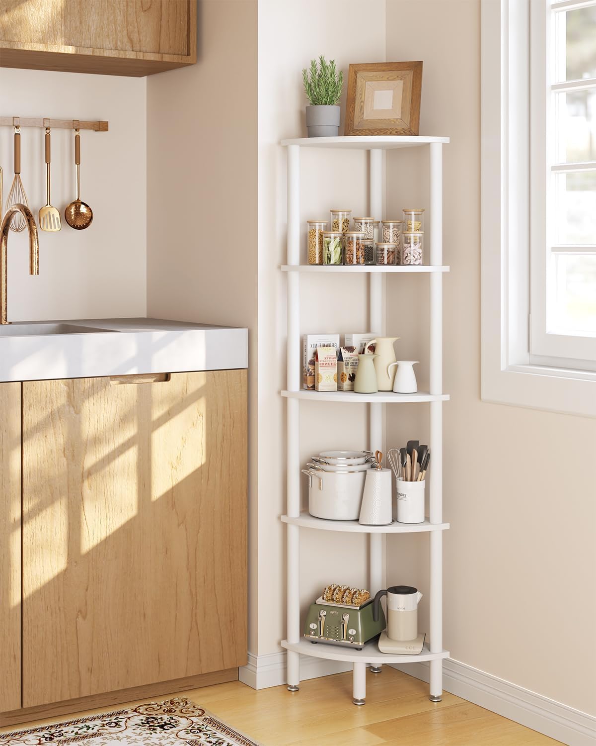 IBUYKE 5 Tier Corner Shelf Stand,Industrial Corner Display Rack,Corner Bookshelf for Living Room, Bedroom, Kitchen, Home Office, White WBC010W