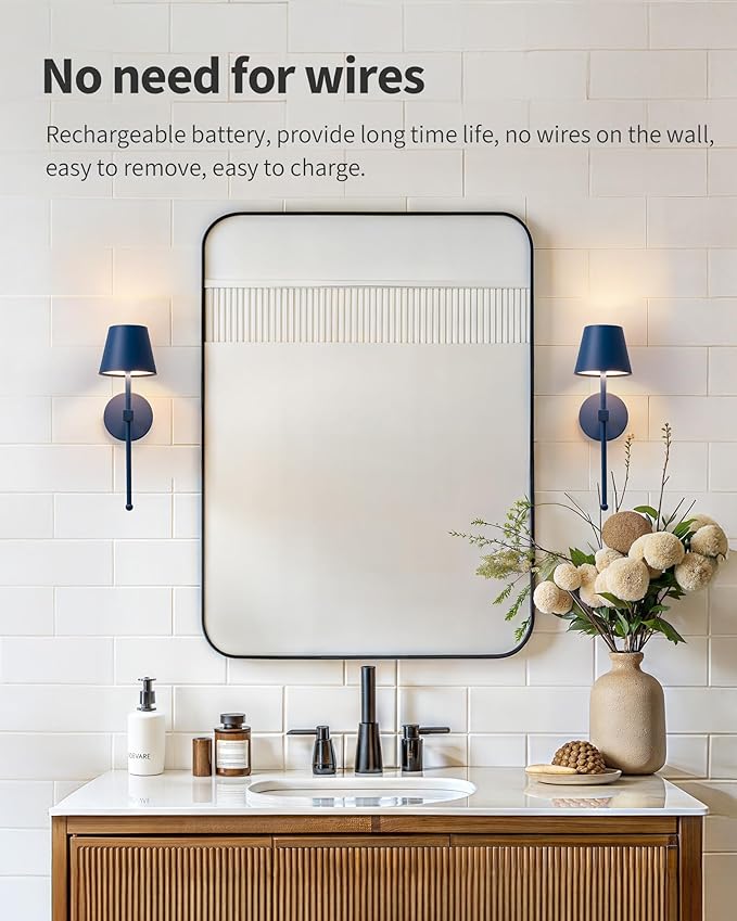 KDG Cordless Wall Sconces Set of 2, Wireless 5200mAh Rechargeable Battery LED Wall Lamps, Wall Lightings for Wall Painting, Outdoor, Garden, Living Room, Bedside, Hallway, Gifts, Night Light (Blue)