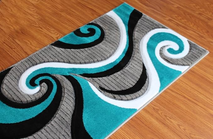 Masada Rugs, Sophia Collection Hand Carved Area Rug Modern Contemporary Turquoise White Grey Black (2 Feet 8 Inch X 10 Feet) Runner