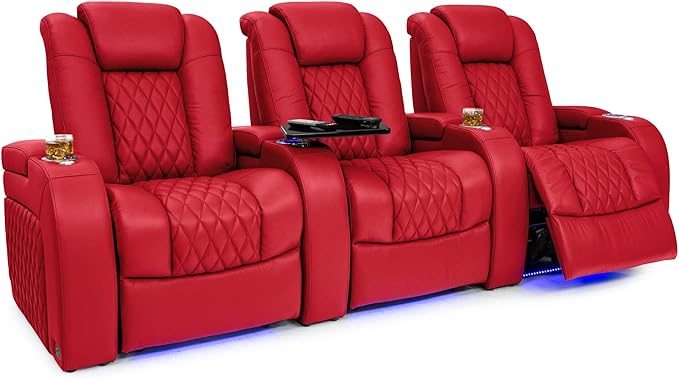 Seatcraft Diamante - Home Theater Seating - Living Room - Power Recline - Italian Leather - Powered Headrests - Cupholders - USB Charging - Ambient Lighting - Arm Storage, Red, Row of 3