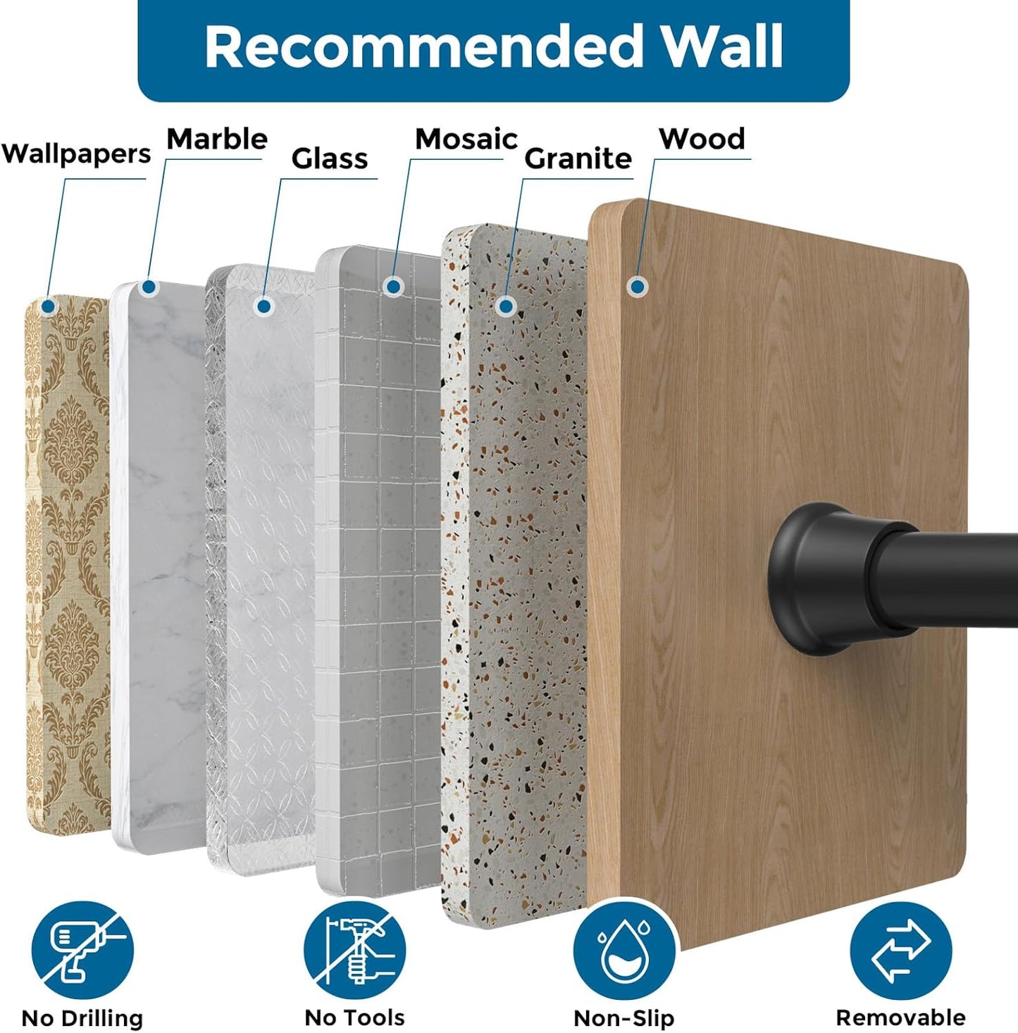 AIZESI Black Adjustable Tension Shower Curtain Rod, 31-77 Inch Spring No Drill Stainless Steel Shower Rods for Bathroom，Closet ，Window–Rust Resistant，Non-Slip