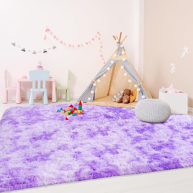 5x8 Tie Dyed Purple Fluffy Area Rugs for Bedroom, Soft Indoor Plush Rug for Living Room, Large Furry Fuzzy Shag Floor Carpet for Kids Nursery Boys Room Dorm Classroom Home Office Decor Mat