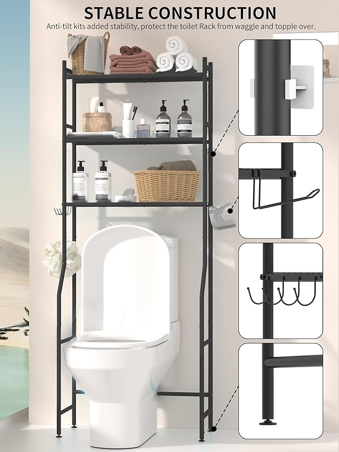 3-Tier Over The Toilet Storage, Space Saver Metal Bathroom Shelves, Freestanding Above Over Toilet Storage Shelf with 4 Hooks for Bathroom, Black