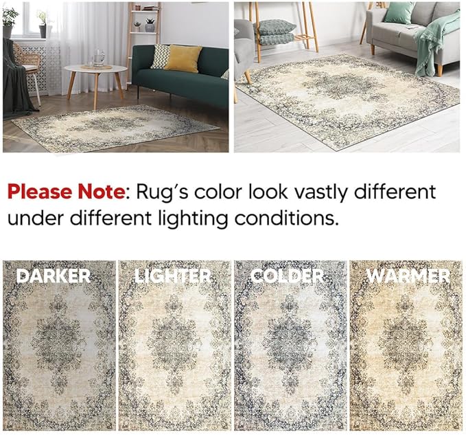 Keen Home Design 5x7 Rug - Machine Washable Area Rug with Non-Slip Backing, Ideal for Living Room, Dining Room, Bedroom - Vintage, Easy Clean, Durable, Low Pile - (5' x 7')