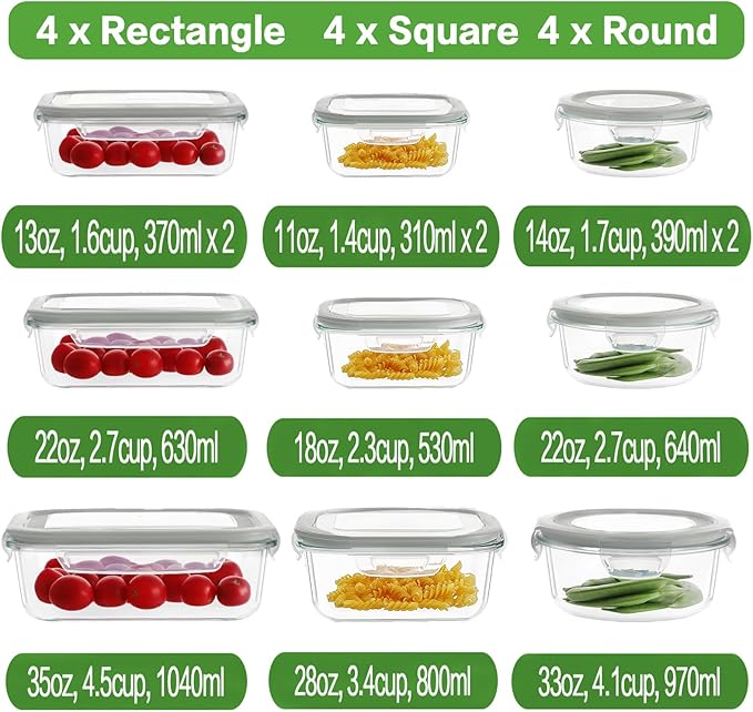 HOMBERKING 24pc Glass Food Storage Containers with Lids, Glass Meal Prep Containers, Airtight Bento Boxes, BPA Free & Leak Proof, Pantry Kitchen Storage(12 lids & 12 Containers) - Gray