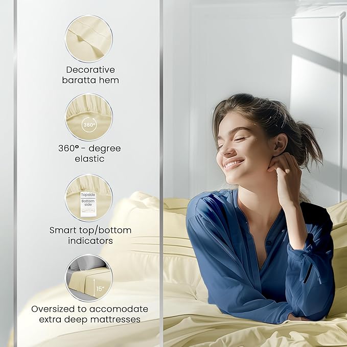 1000 Thread Count 100 % Cotton Full Bed Sheet Set, Ultrasoft & Lightweight, Breathable Hotel Sheets Full Size Bed Cotton, Deep Pocket Sheets For Full Bed fits mattresses upto 17"- Ivory