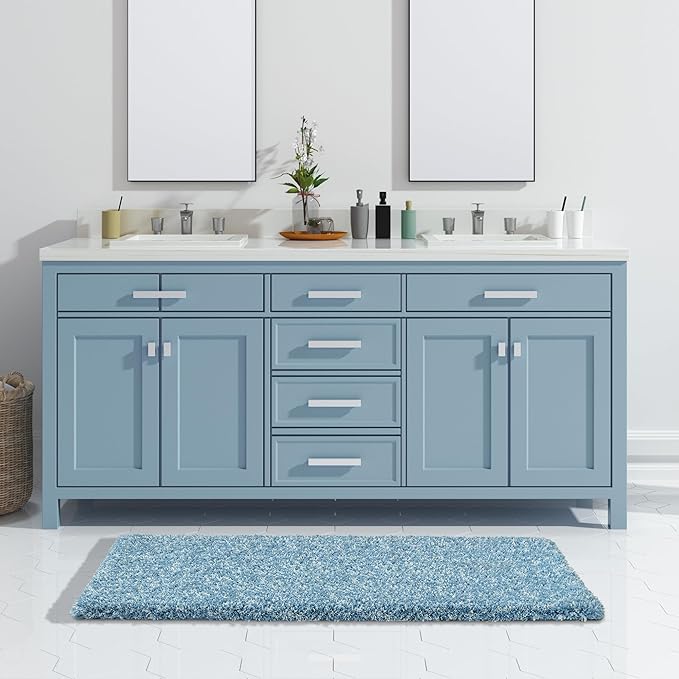Yimobra Luxury Bathroom Rugs, Fluffy Bath Mats, Non Slip, Water Absorbent Microfiber, Machine Washable, Plush Runner Shower Rugs, Thick Matts for Bathroom Floor&Tub, 56"x 24", Denim Blue and White