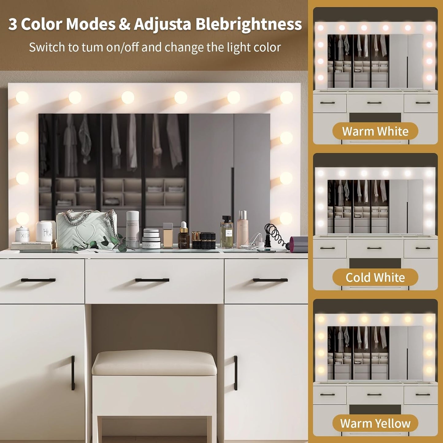 Karl home Vanity Desk with Large Lighted Mirror & Powre Outlet, Glass Tabletop Makeup Vanity Set with 3 Drawers & 2 Cabinet, 45.3" Make up Dressing Table with 12 Lights for Bedroom, White