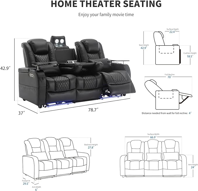 Home Theater Seating Seats, Movie Theater Chairs Theater Recliner with 7 Colors Ambient Lighting, Lumbar Pillow, Touch Reading Lights, Tray Table (Black, Row of 3)