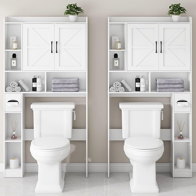 Over The Toilet Storage Cabinet, Farmhouse Storage Cabinet Over Toilet with 2 Barn Door & Toilet Paper Holder Stand, Home Space-Saving Rack, for Bathroom, Restroom (White).