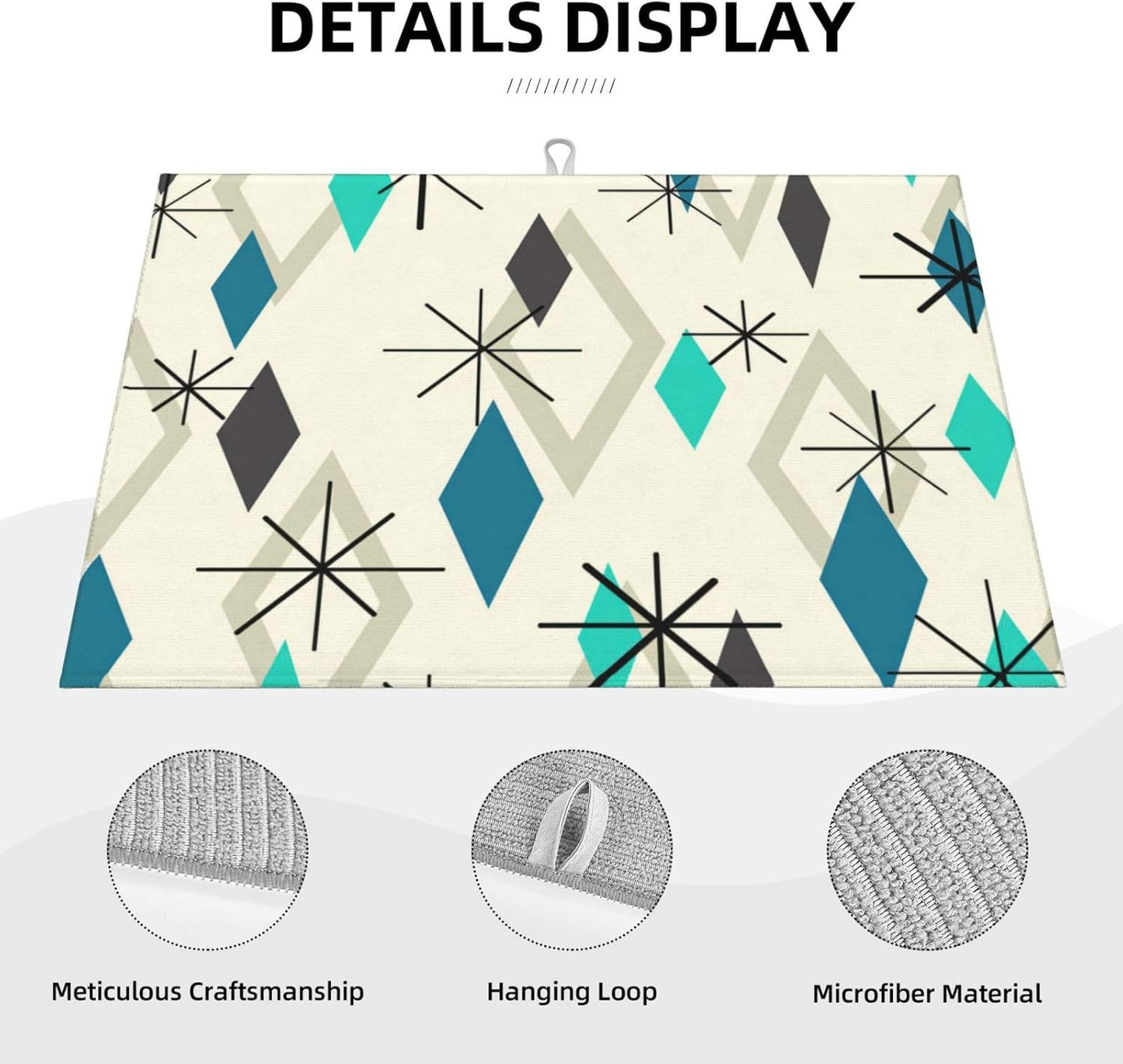 Vintage Mid Century Geometic Dish Drying Mat For Kitchen Counter, Super Absorbent Microfiber Large Dish Drying Pad 18"x24" For Kitchen Dishware Coffee Maker Bar