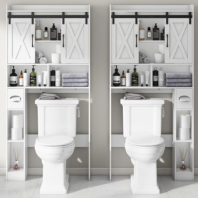 Over The Toilet Storage Cabinet, Farmhouse Storage Cabinet Over Toilet with Sliding Doors，Home Space-Saving Toilet Rack, for Bathroom, Restroom, Laundry