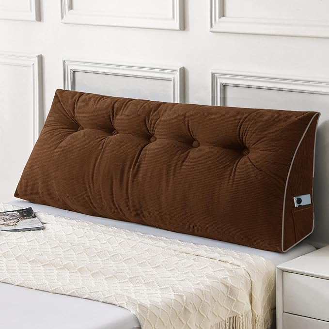 Sasttie Headboard Pillow Full, Wedge Pillow Headboard for Sitting Up in Bed, Back-Rest Support Triangular Cushion for Reading - Features Removable Washable Cover, Brown