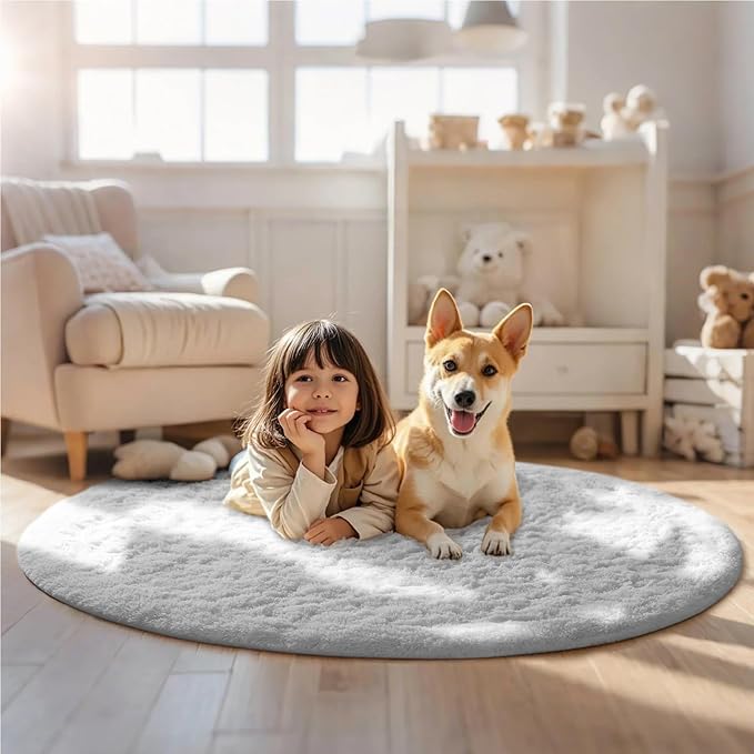 Ophanie Round Rug 5Ft White Circle Area Rug, Aesthetic Room Decor, Fluffy Fuzzy Bedroom Carpet, Plush Soft Shaggy Living Room Rugs for Kids Home Decor, Nursery