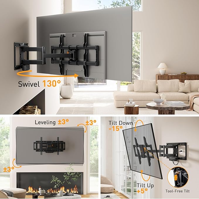 Perlegear Full Motion TV Wall Mount with Power Strip for 42–90 Inch TVs up to 150 lbs, Pre-Assembled TV Mount Has Smooth Swivel, Tilt, Extension, Max VESA 600x400mm, 12“/16”/24” Wood Studs, PGLF11