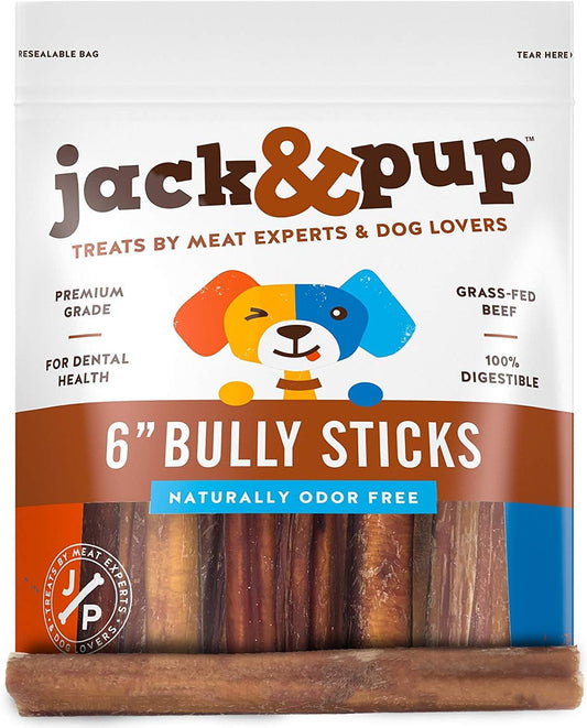 Jack&Pup 6-inch Thick Bully Sticks for Dogs (24 Pack) Single Ingredient, Thick Bully Sticks | Long Lasting Pizzle Sticks for Medium and Small Dogs