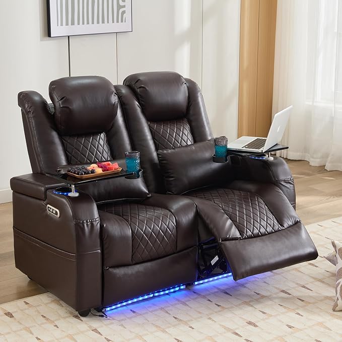 Home Theater Seating Seats, Game Movie Theater Chairs Theater Recliner Sofa with 7 Colors Ambient Lighting, Lumbar Pillow, Side Pocket, Tray Table, Power Recliner