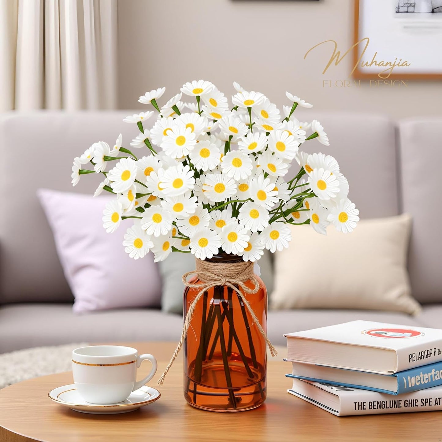 Artificial Daisy Flowers in Amber Glass Vase with Faux Water,9Pcs White Artificial Silk Flowers with Stems for Centerpiece (Daisy)