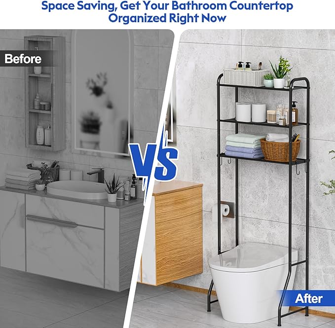 samstar 3 Tier Over The Toilet Storage Rack, Bathroom Organizer Shelves Cabinet Above Toilet, Freestanding Shelf Space Saver, Black