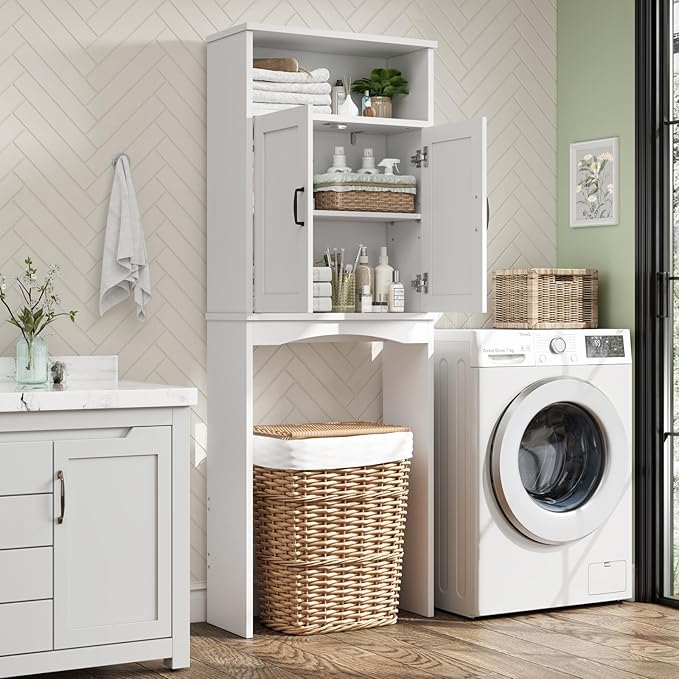 Over The Toilet Storage Cabinet, Over Toilet Bathroom Organizer with Adjustable Shelf and Double Doors, Space Saver Shelf Above Toilet Storage Cabinet (White)
