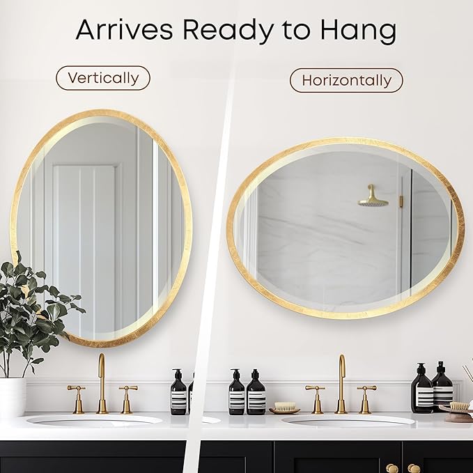 OVALCREST - Oval Wooden Beveled Wall Mirror for Home Decor, Bathroom, Vanity, Bedroom, Living Room, Hallway - London Style (Gold Leaf) 21.1 x 25.1