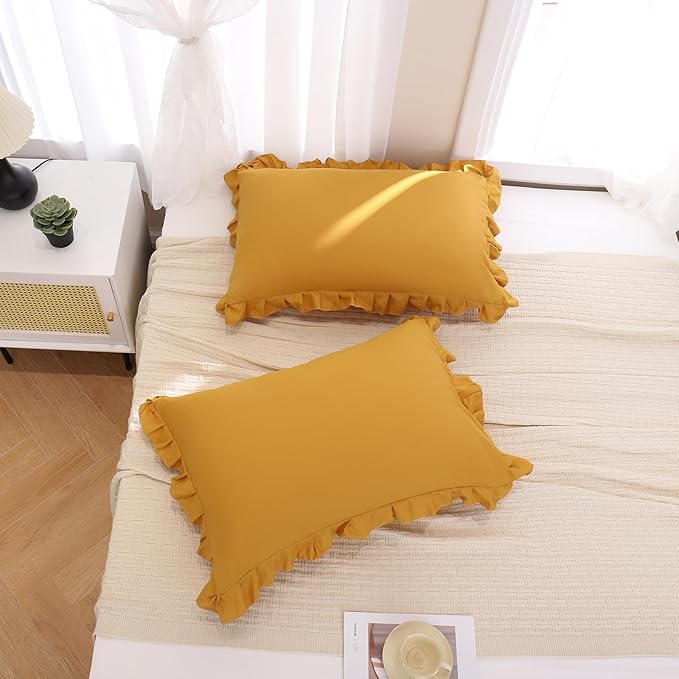 Merryword Mustard Yellow Pillowcases King Pillowcases Set of 2 Ruffle Pillow Shams Cute Pillow Covers Solid Ruffled Fringe Design Yellow Shabby Chic Pillowcases 2 Pack