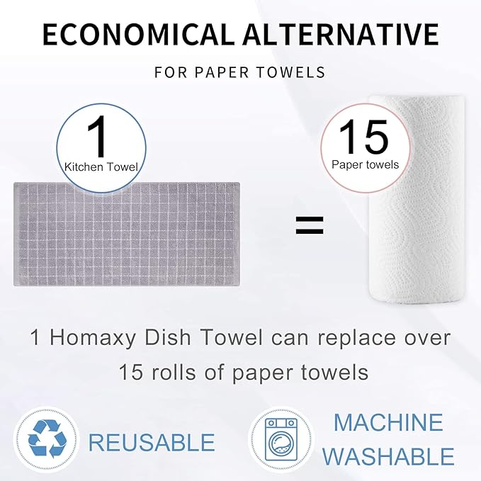 Homaxy 100% Cotton Terry Kitchen Towels(Light Grey, 13 x 28 inches), Checkered Designed, Soft and Super Absorbent Dish Towels, 12 Pack