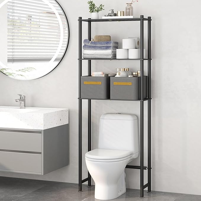 Over the Toilet Storage Cabinet Above Toilet Bathroom Organizer with Toilet Paper Holder Stand Bath Organizer with Adjustable Shelves & Acrylic Doors,Anti-Tip Device (Black, 3 Tiers)