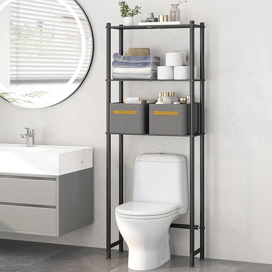 Over the Toilet Storage Cabinet Above Toilet Bathroom Organizer with Toilet Paper Holder Stand Bath Organizer with Adjustable Shelves & Acrylic Doors,Anti-Tip Device (Black, 3 Tiers)