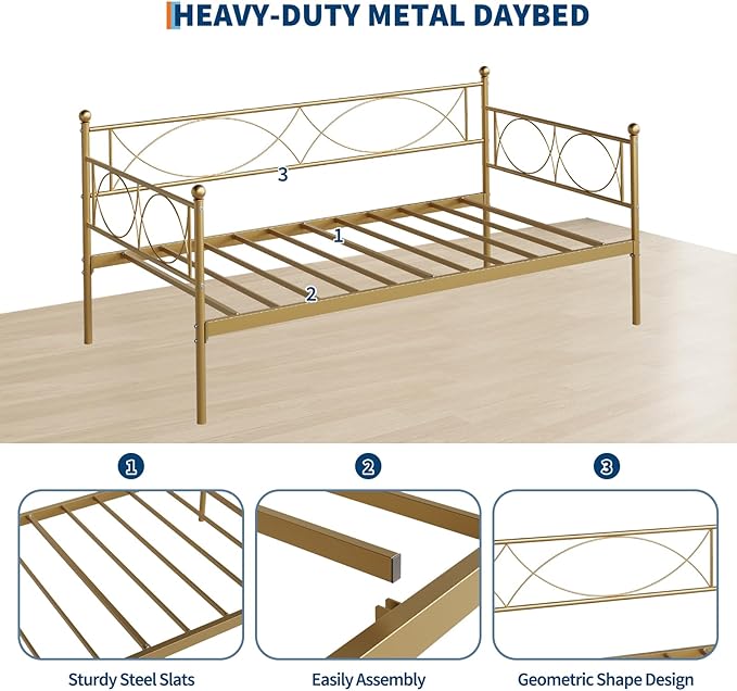 IDEALHOUSE Twin daybed with Trundle, Metal Twin Daybed and Trundle Set, Day Bed Sofa Bed Frame with Steel Slat Support, Multifunctional Daybed Frame for Bedroom (Gold Daybed)