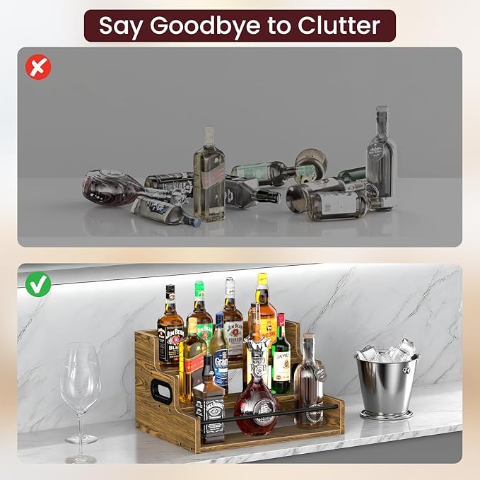 3-Tier Liquor Bottle Display Shelf, Wood Coffee Syrup Organizer, Retro Countertop Spice Rack, Coutertop Wine Racks for Mini Bar, Whiskey, Spirits, Alcohol