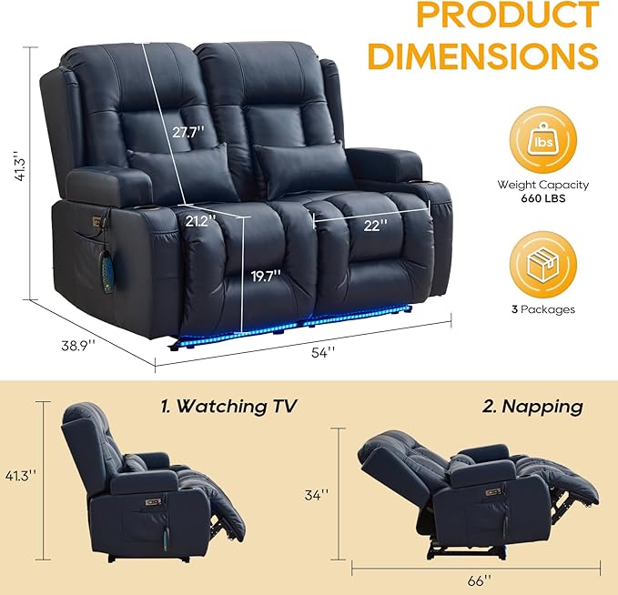 IPKIG 54" Power Loveseat Recliner Sofa, Electric Home Theater Seating with Massage Heat/4 Colors Ambient Lights/USB Port/Side Pocket/Cup Holder for Living Room, Bedroom, Home (Blue, 2 Seater)