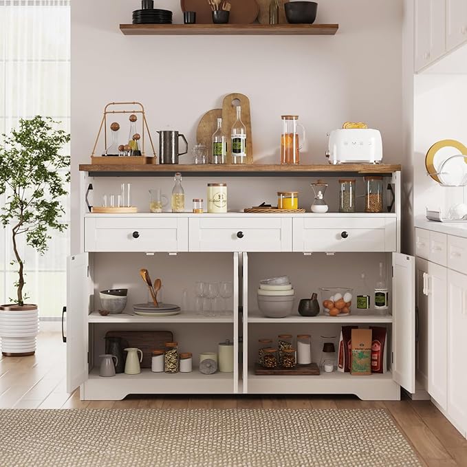 51" Farmhouse Buffet Sideboard Cabinet with Storage, White Kitchen Storage Pantry Cabinet with Drawers, Wood Cupboard Hutch, Coffee Bar Station Table for Kitchen, Living Room, Dining Room