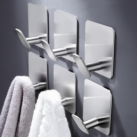 DELITON Sticky Hooks for Hanging Adhesive, Silver Wall Hooks for Bathroom Kitchen Office Stainless Steel Heavy Duty No Damage, Brushed Nickel, 6 Pack