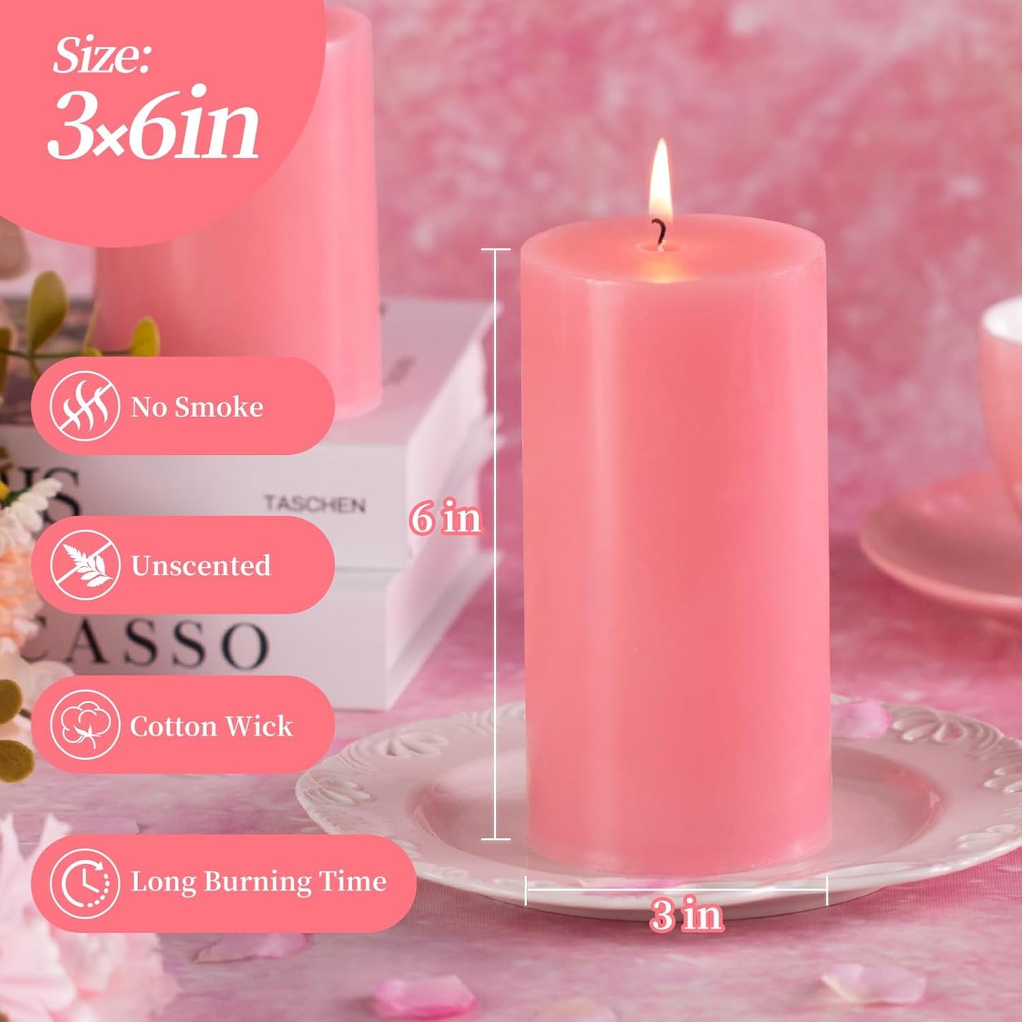 KONNI Pink Pillar Candles Set of 3, 3"x 6" Unscented Pillar Candles Bulk, 56 Hours Long Burning Candles, Smokeless&Dripless Large Round Candle for Wedding, Home Decoration, Parties, Spas, Dinner