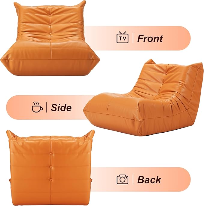 Hobestluk Giant Bean Bag Chair Lazy Floor Sofa, Memory Foam Fireside Sofa for Adults, Big Beanbag Faux Leather Armless Chair for Living Room Bedroom Dorm Office (Orange, Single)