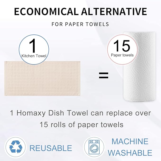 Homaxy 100% Cotton Terry Kitchen Towels(Beige, 13 x 28 inches), Checkered Designed, Soft and Super Absorbent Dish Towels, 6 Pack