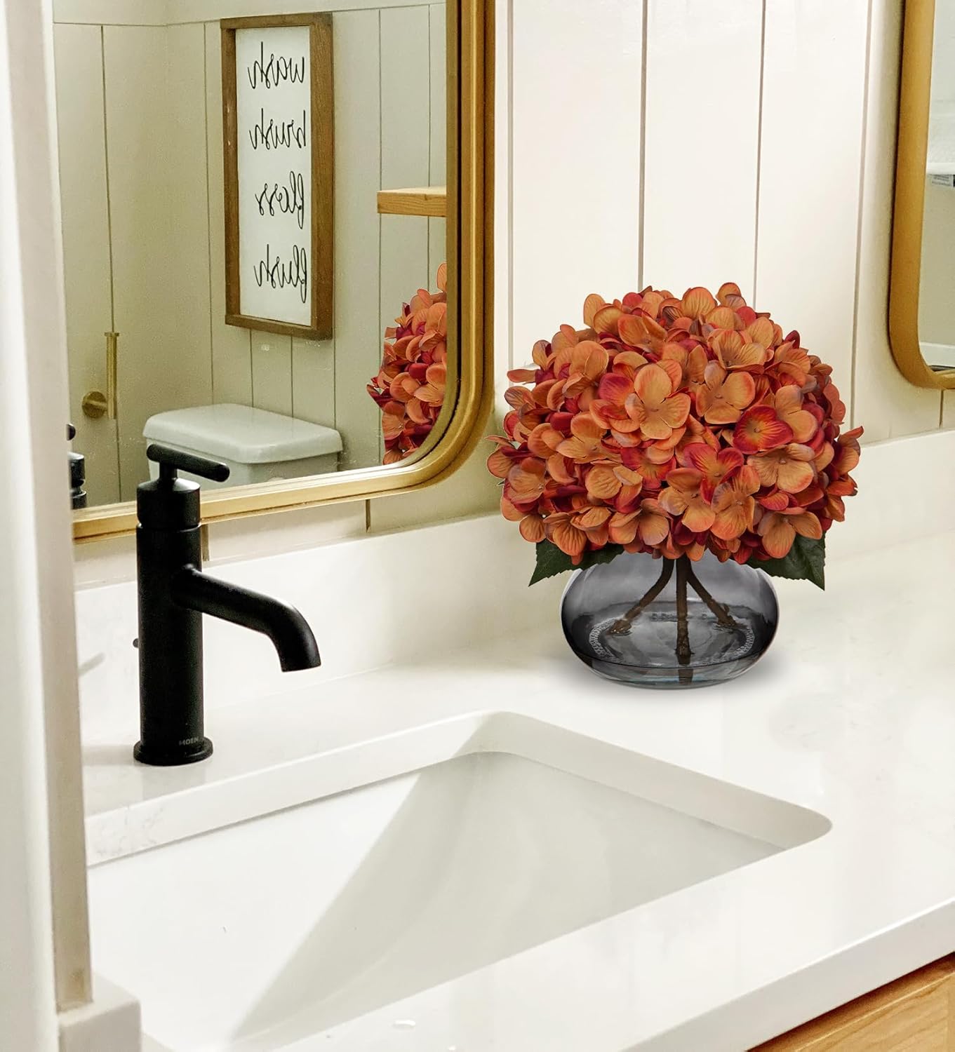 Hollyone Fall Hydrangea Artificial Flowers for Decoration with Vase Orange Silk Fake Flowers Arrangements in Glass Vase with Faux Water Faux Autumn Festival Table Centerpiece Home Decorations for Home