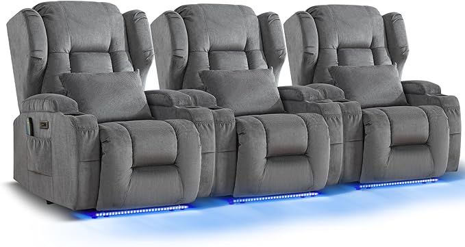 Wall Hugger Power Recliner Chair, Home Theater Seating Electric Recliing Sofa with Massage & Heat, Cup Holder, USB Port, LED Ambient Light, Storage for Living Room (Grey, 3 Chairs)