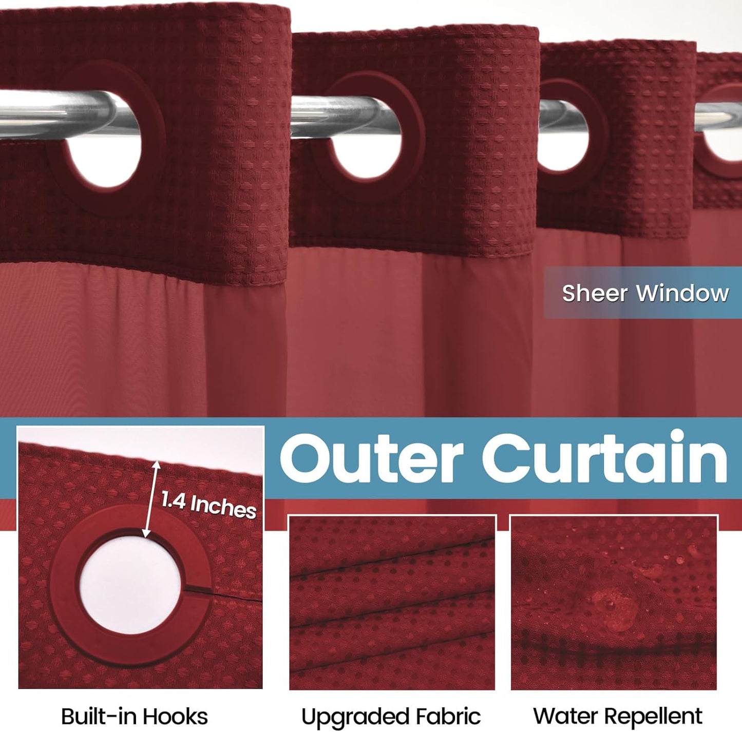 Burgundy Long No Hook Shower Curtain with Snap in Liner,230GSM Waffle Weave Shower Curtains for Bathroom,71W x 86H